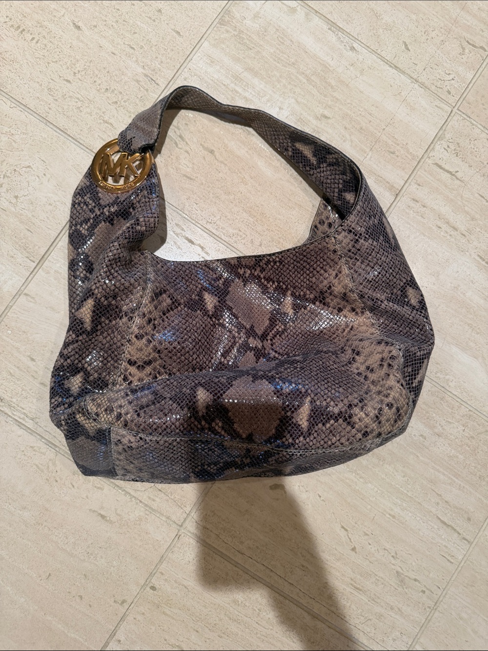 Michael Kors Brown Taupe Snake-Print Shoulder Bag with Gold MK Accent